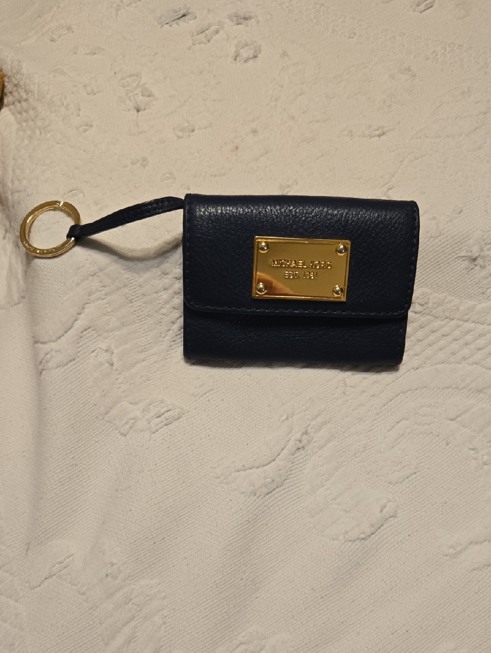 Michael Kors Navy Leather Card Wallet with Gold Plate and Key Ring